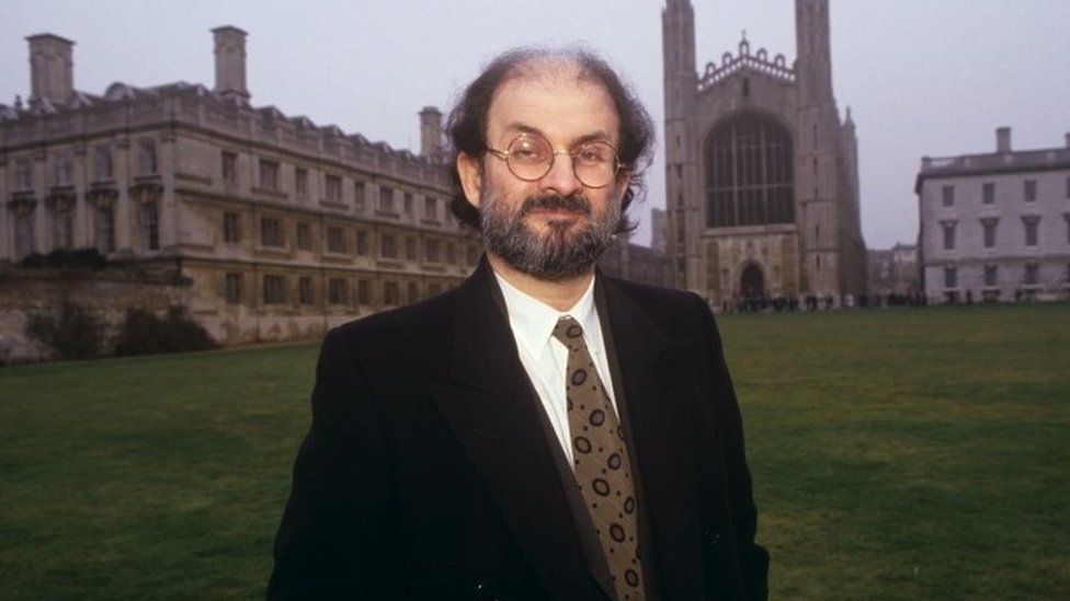 Salman Rushdie, outside King`s College chapel in Cambridge in 1993