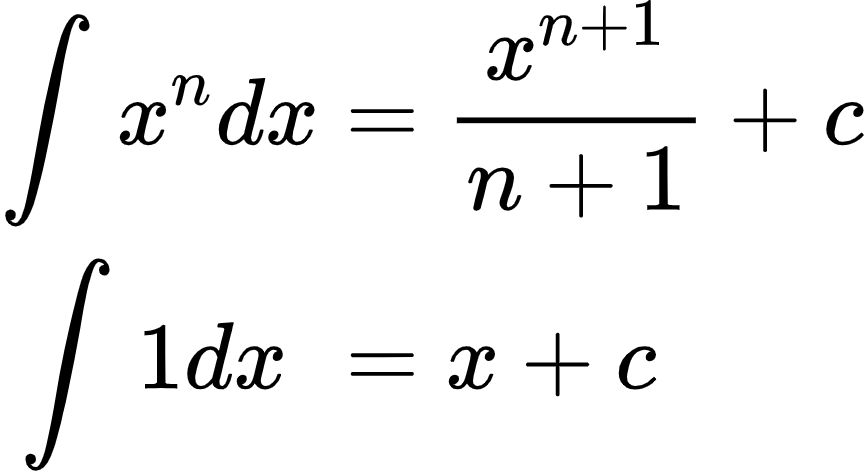 {"type":"align*","font":{"family":"Arial","color":"#000000","size":10},"code":"\\begin{align*}\n{\\int_{}^{}x^{n}dx}&={\\frac{x^{n+1}}{n+1}+c}\\\\\n{\\int_{}^{}1dx\\,\\,}&={x+c}\t\n\\end{align*}","id":"7-1-1-1-1-1-0","ts":1599904863262,"cs":"FOb8A503dWUkQt+FL0gfgQ==","size":{"width":144,"height":78}}