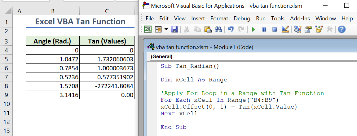 VBA Code for Calculating Tangent Values for Radian Angles