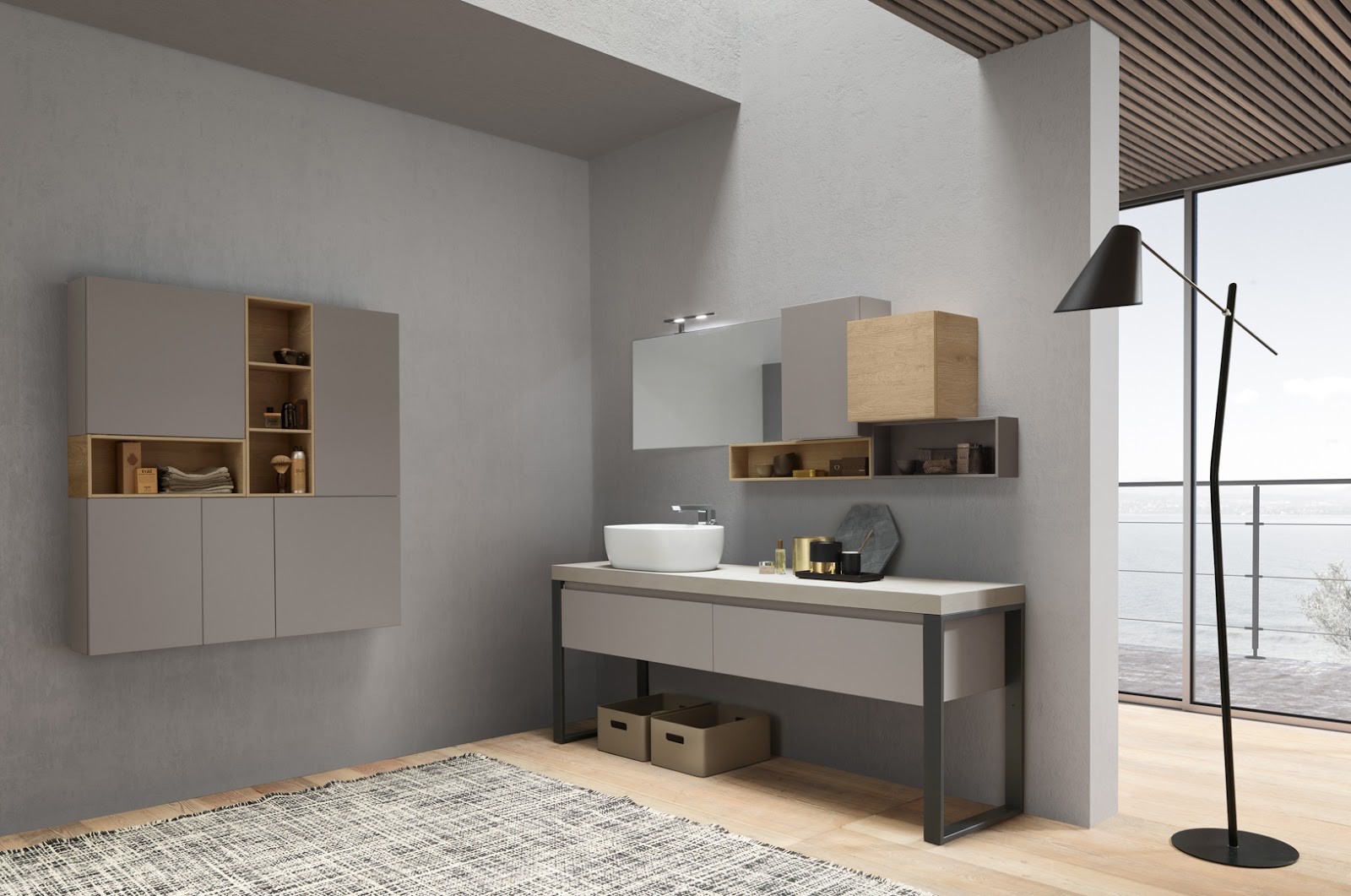 Wood-look cabinets and shelves complement their matte taupe counterparts both as individual elements and as carefully configured wall-mounted storage pieces.