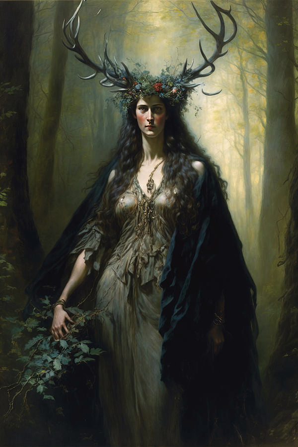 The depiction portrays Gaia adorned in a brown dress and black cloak, with a striking set of antlers crowning her head.