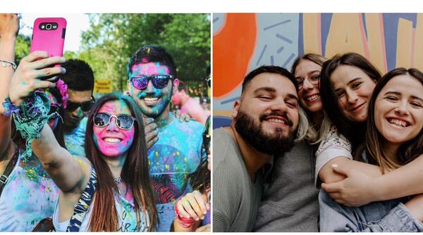 Montagem de duas fotos com pessoas tirando uma selfie