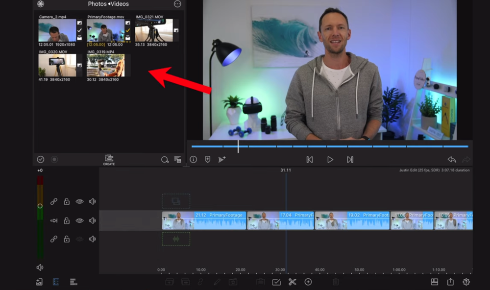 Drag your B-roll footage from the Import area to your timeline 