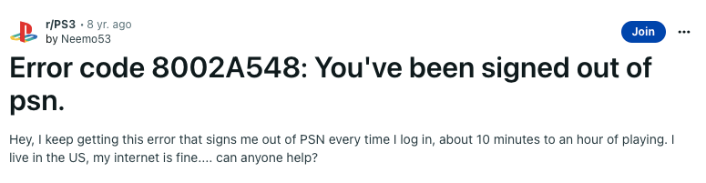 PSN (Playstation) Error Code 8002a548