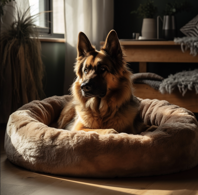 dog bed product with the dog model sitting on the bed generated by Midjourney