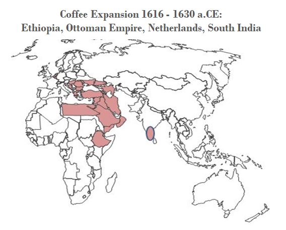 The coffee history is shown on the map. Spreading out from Ethiopia to Netherlands and South India. Here is coffee history map #4