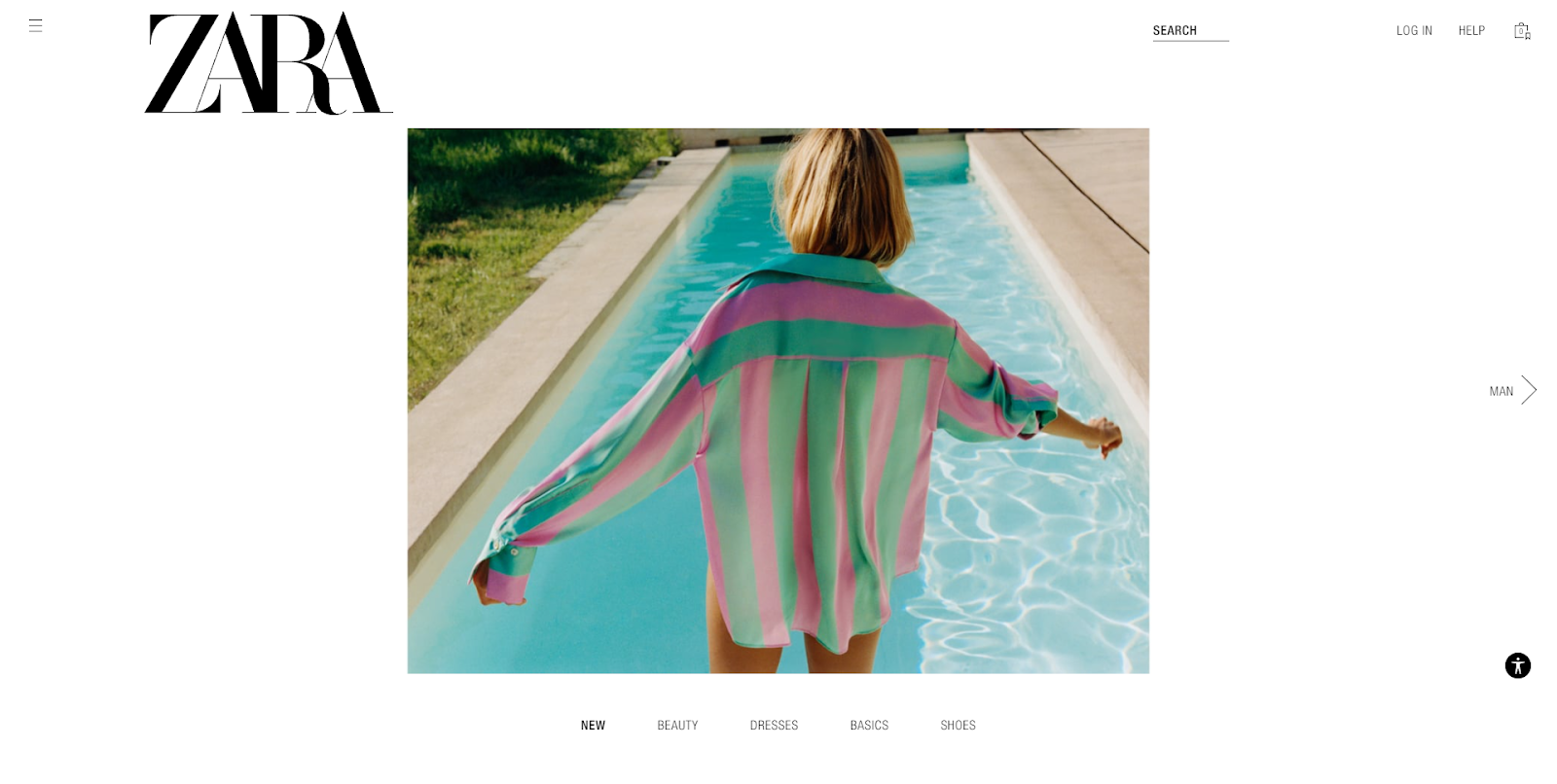 screenshot of homepage for Zara