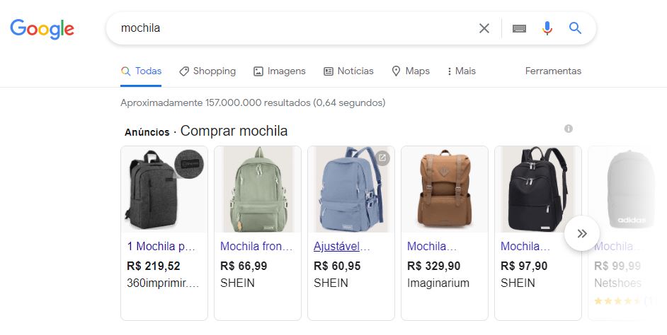 pesquisando mochilas no Google Shopping