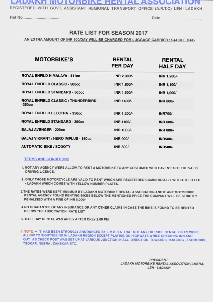 Bike Rentals Rates 2018-19