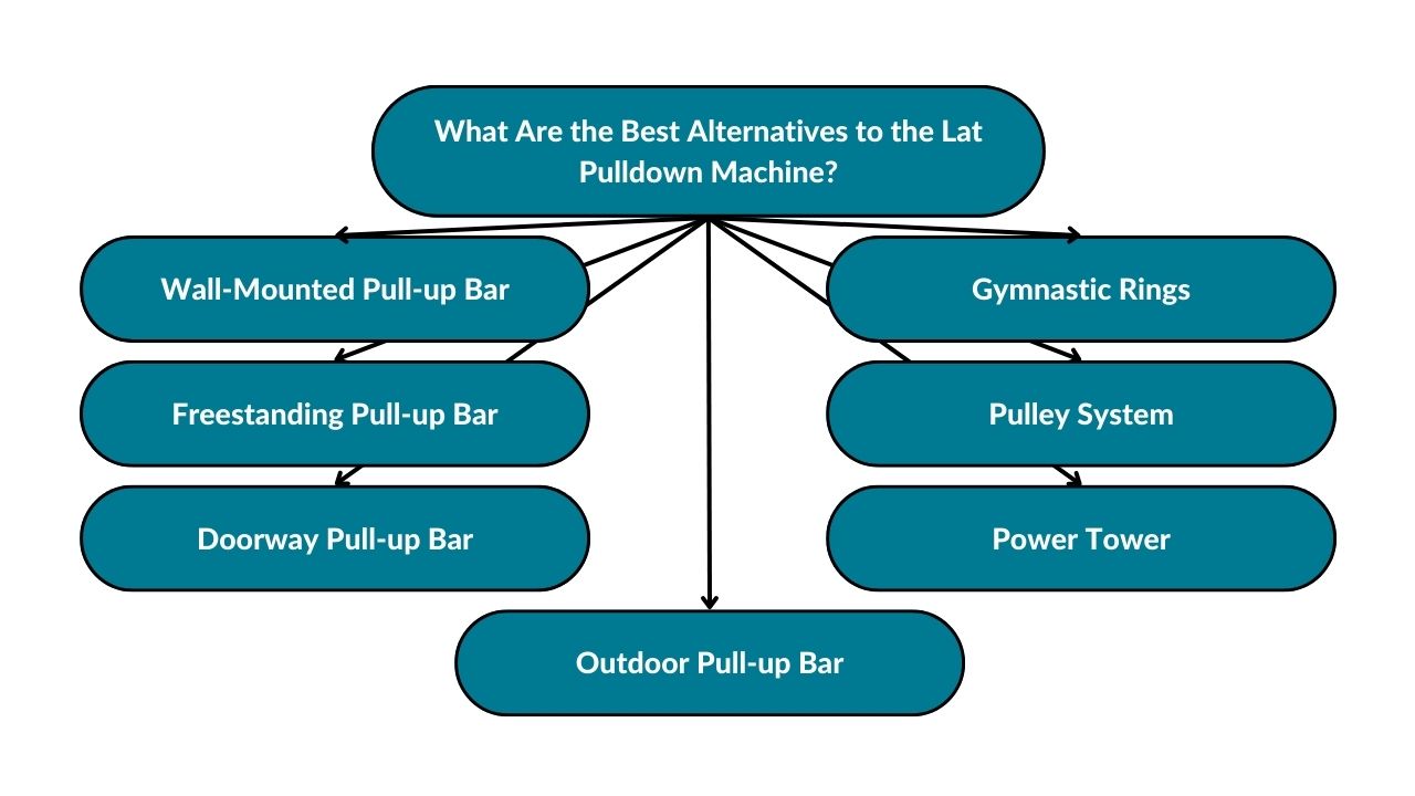 The image showcases the best alternatives to the lat pulldown machine. These include wall-mounted pull-up bars, freestanding pull-up bars, doorway pull-up bars, outdoor pull-up bars, power towers, pulley systems, and gymnastic rings.