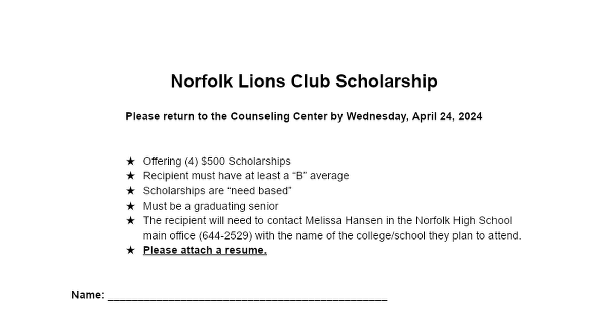 Norfolk Lions Club Scholarship