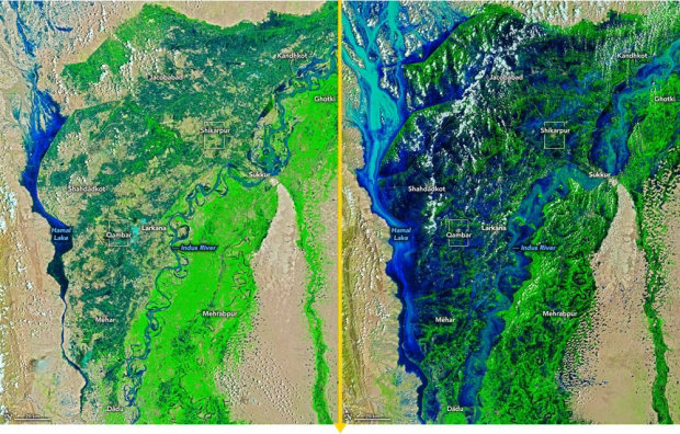 *NASA랜드샛 위성이 촤영한 홍수 전과 후의 비교사진 = NASA