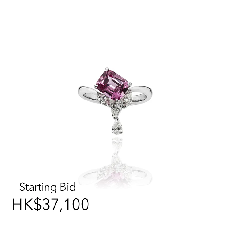 1 Vivid Pink Spinel: 1.55ct (Tanzania)
4 Diamonds: Total 0.32ct
18K White Gold

Size US 5.5

Retail Price: HK$53,000