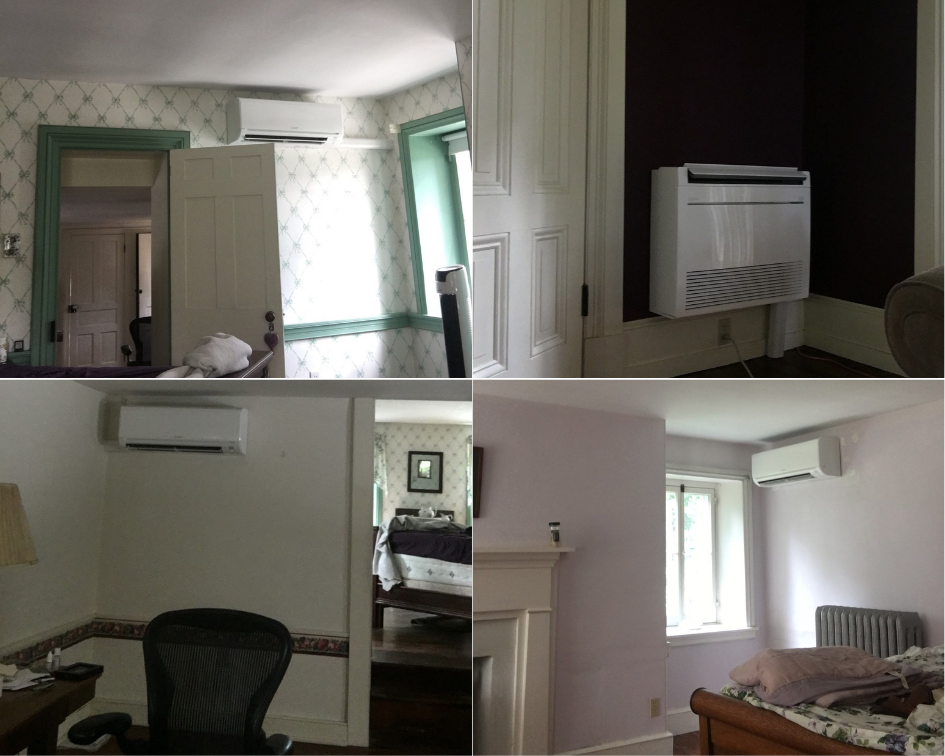 Top left corner- high wall mounted air handler in guest bedroom. Top right corner is a floor-mounted unit in the living room. In the bottom left corner is a high wall air handler in the office connected to the bedroom. The bottom right corner is a high-wall air handler in the second guest bedroom. 