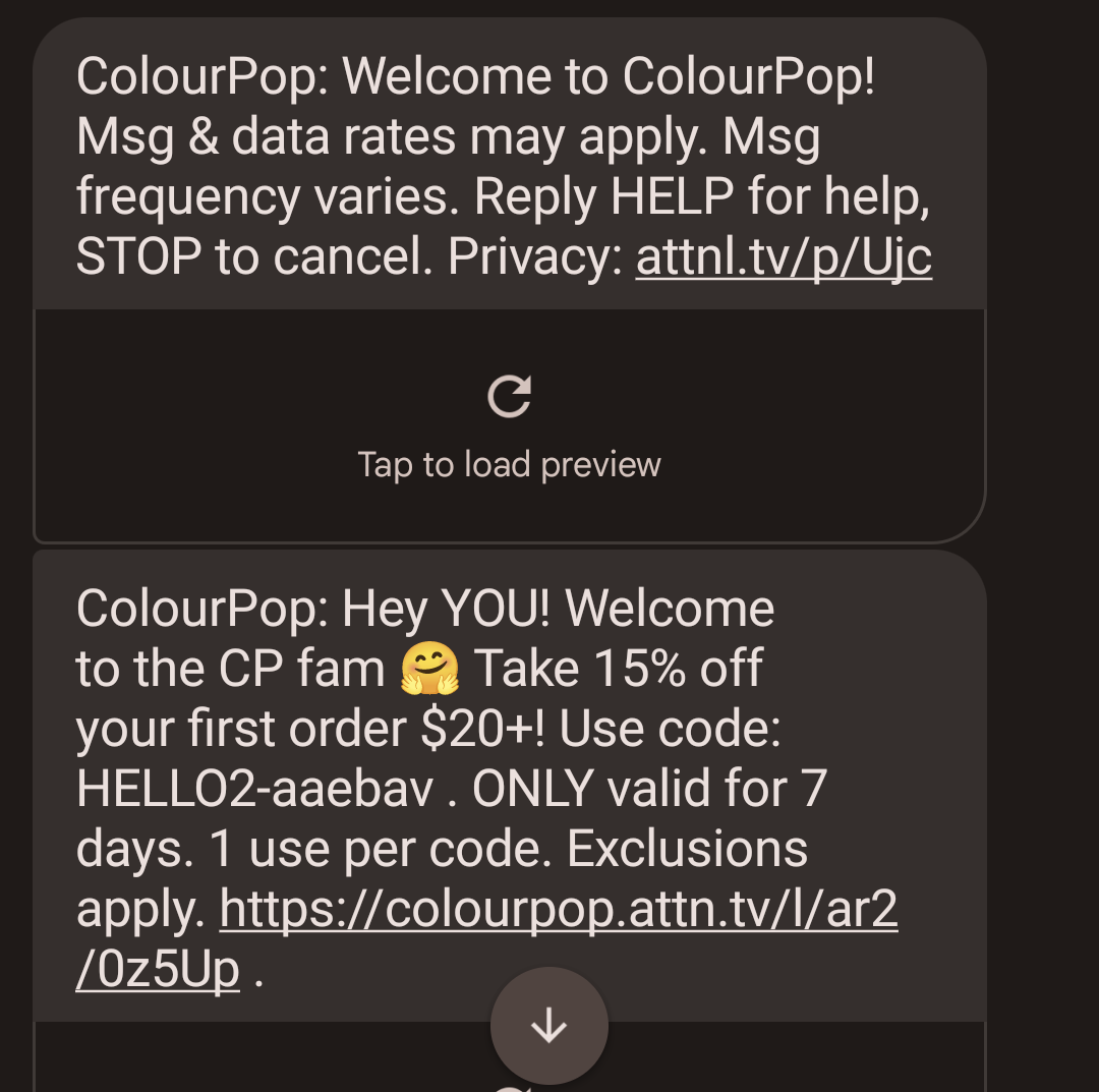 A marketing sample text message to ColourPop customers