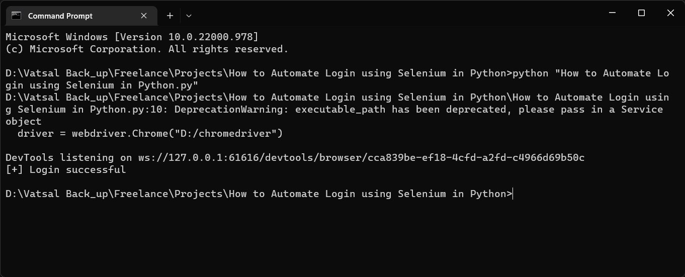 Final output screenshot to Automate Login using Selenium in Python