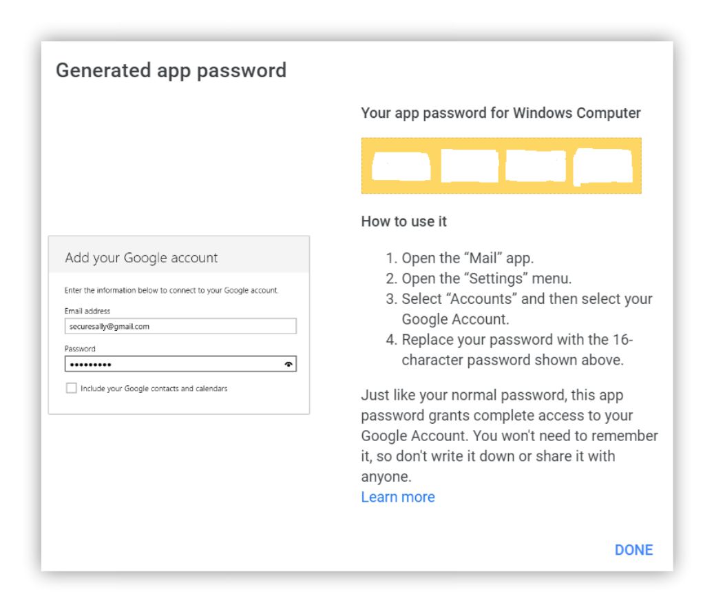A screenshot of the Google Account settings page, with the user having generated an app password. The password is displayed and a button to copy it is highlighted.