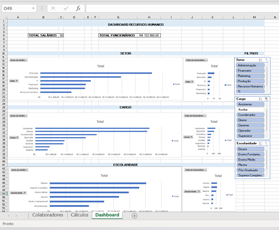 Inserindo informações sobre filtros no dashboard no Excel