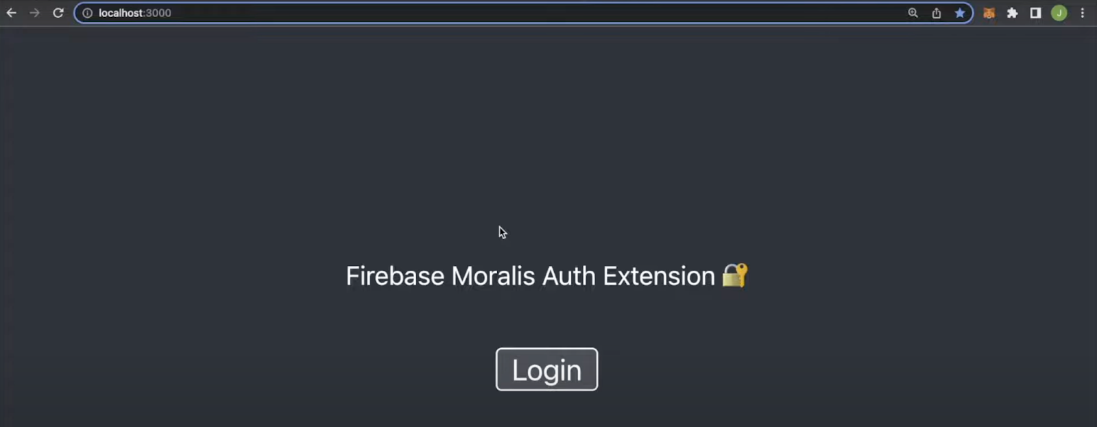 Showing the finalized application page that has a "Firebase Moralis Auth Extension" title and a "Login" button.