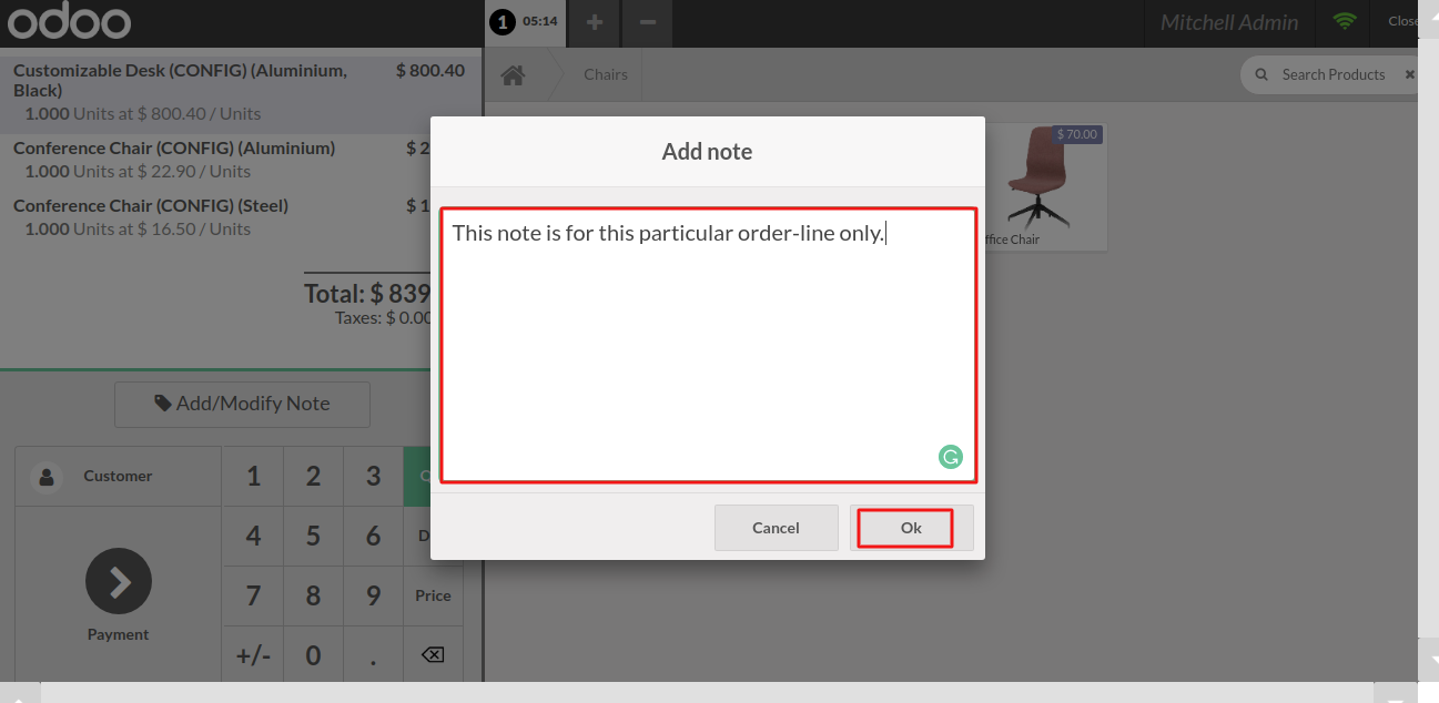 The POS user can type the notes here and press the ok.