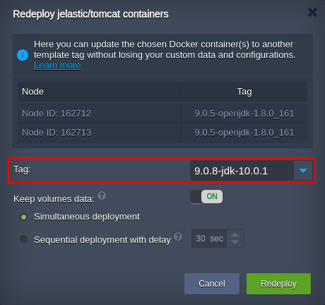 container redeploy dialog frame