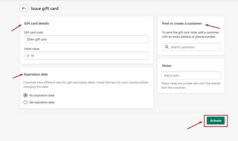 Click on Activate after customizing all your gift cards - DSers