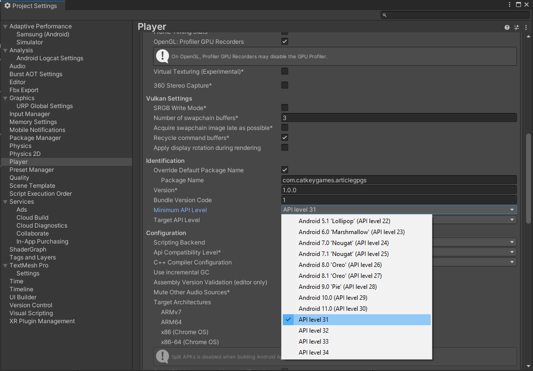 Project settings setup