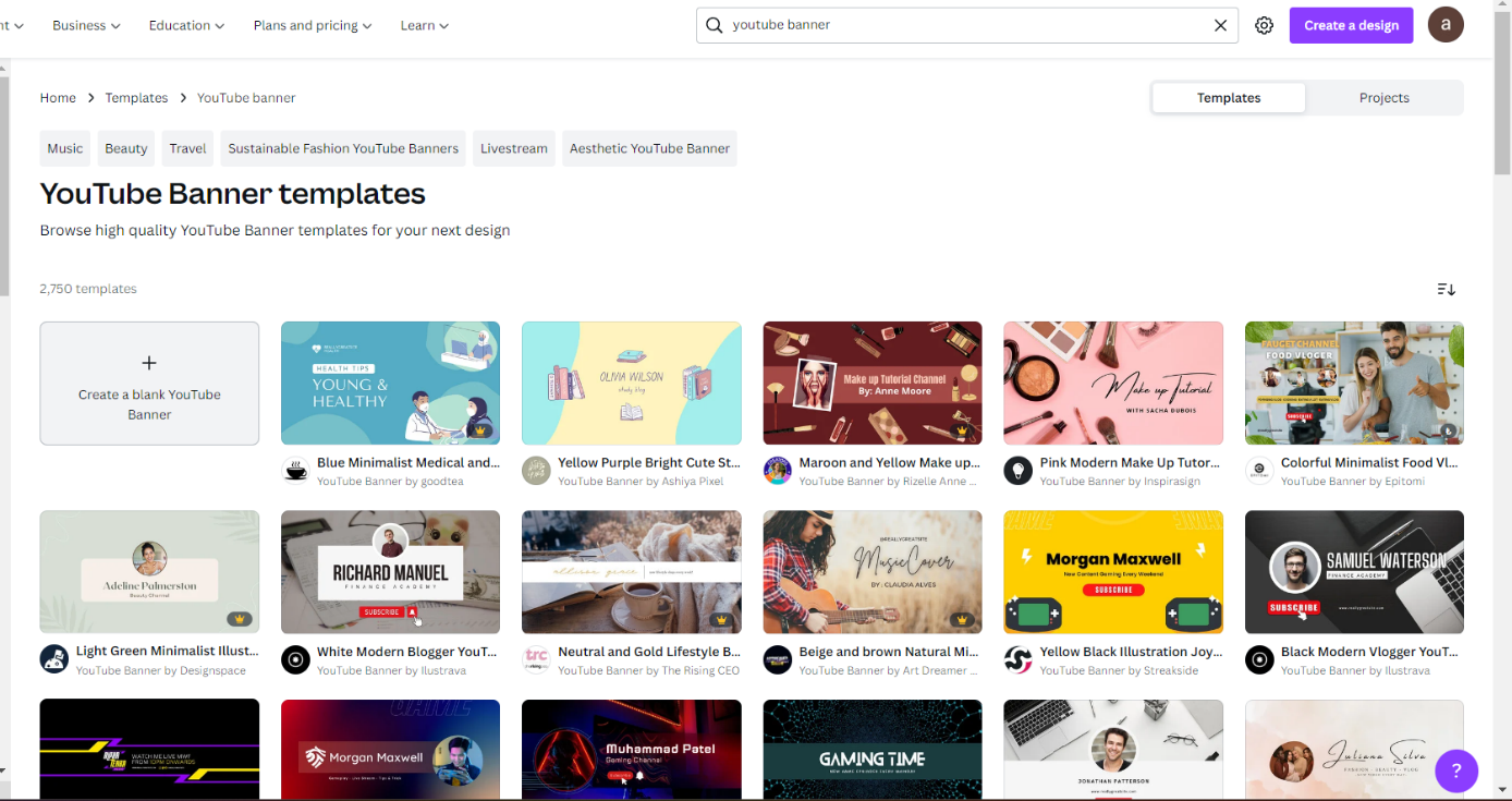 YouTube banner design templates on Canva