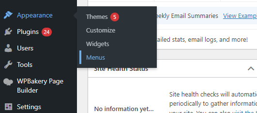 cari dan pilih sub menu "Appearance" atau "Tampilan", lalu pilih opsi "Menus" atau "Menu" untuk membuka editor menu