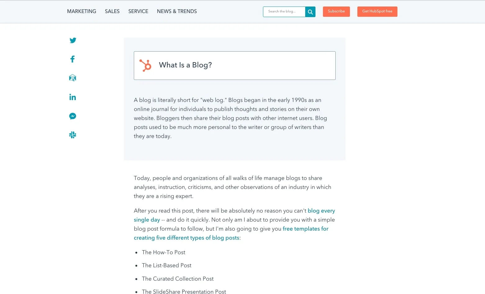 HubSpot blog with snippet and bullet points