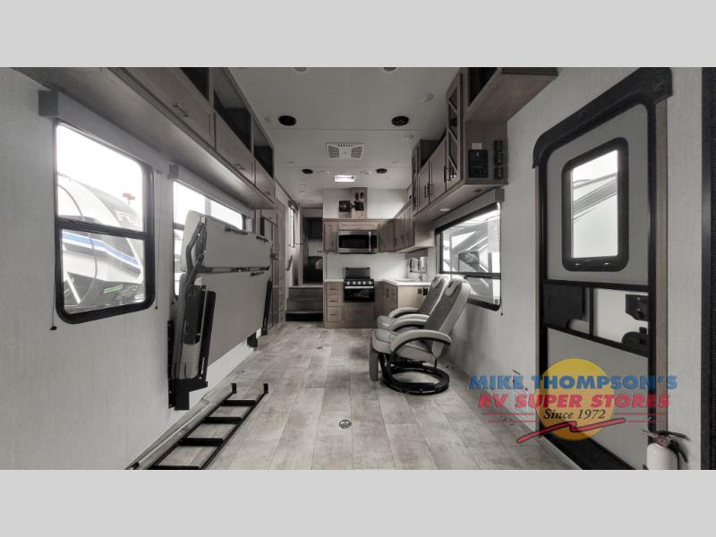 There’s plenty of natural lighting in this toy hauler fifth wheel.