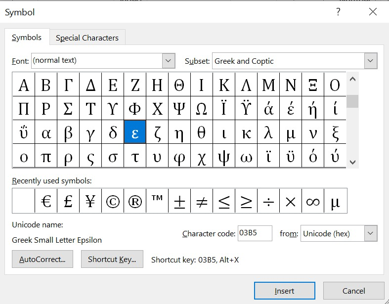 searching for epsilon symbols text using the character code