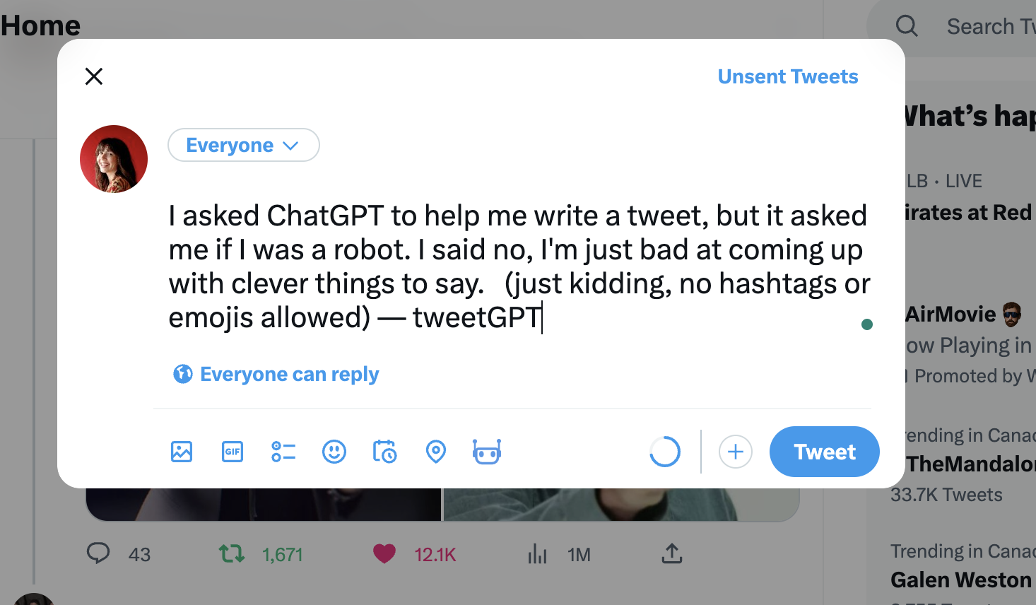 A Tweet written by ChatGPT Chrome extension "TweetGPT"