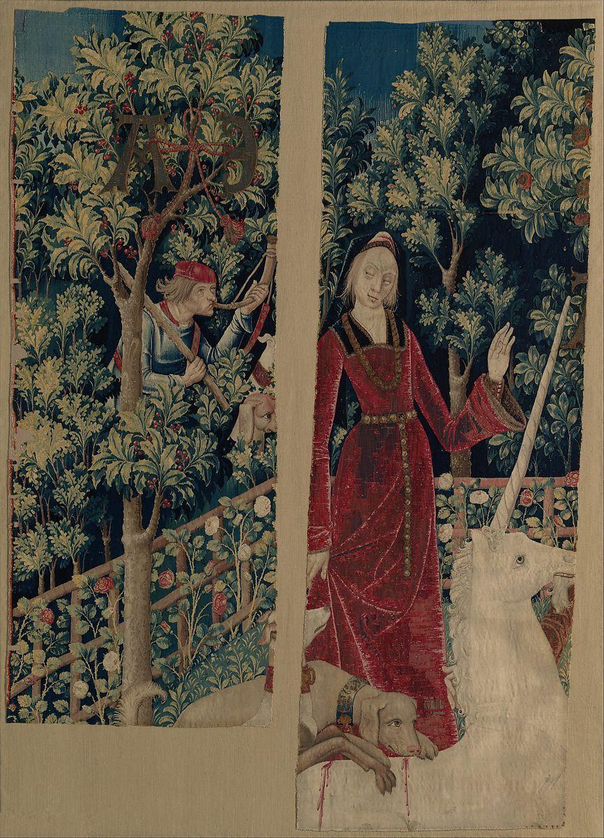 The Unicorn Surrenders to a Maiden (from the Unicorn Tapestries), Wool warp with wool, silk, silver, and gilt wefts, French (cartoon)/South Netherlandish (woven) 