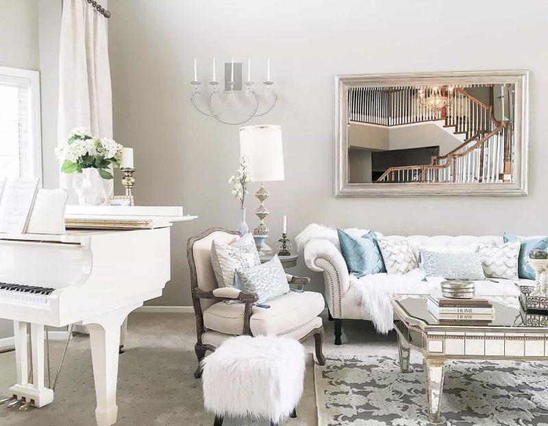 Phong cách thiết kế nội thất phòng khách với đàn piano Grand màu trắng cực sang trọng