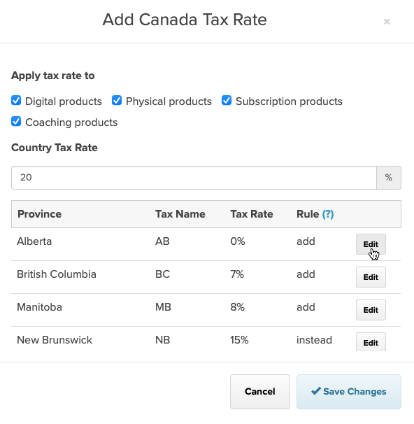 Editing a tax rate for a Canadian province on Payhip
