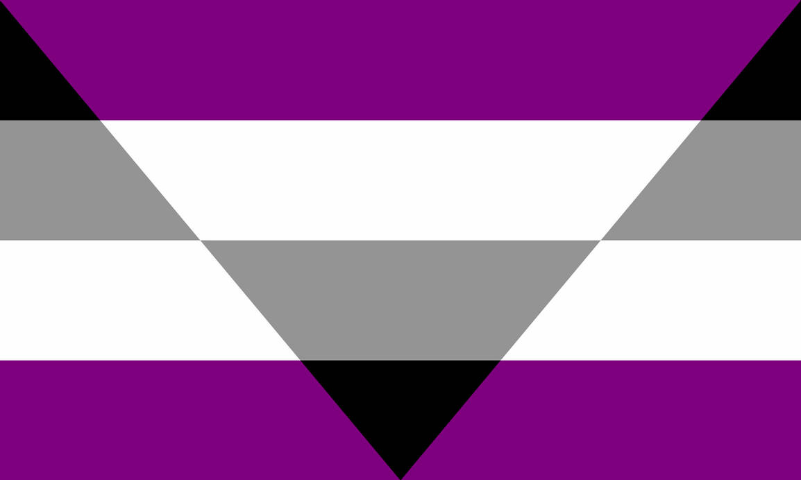 4 horizontal stripes in the background going black, gray, white, purple from top to bottom. In the foreground is an upside down triangle with the same stripe colors but reversed (purple, white, gray, black).