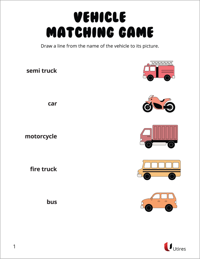 Simple and fun matching vehicles printable for toddlers and preschoolers who are just starting to read.