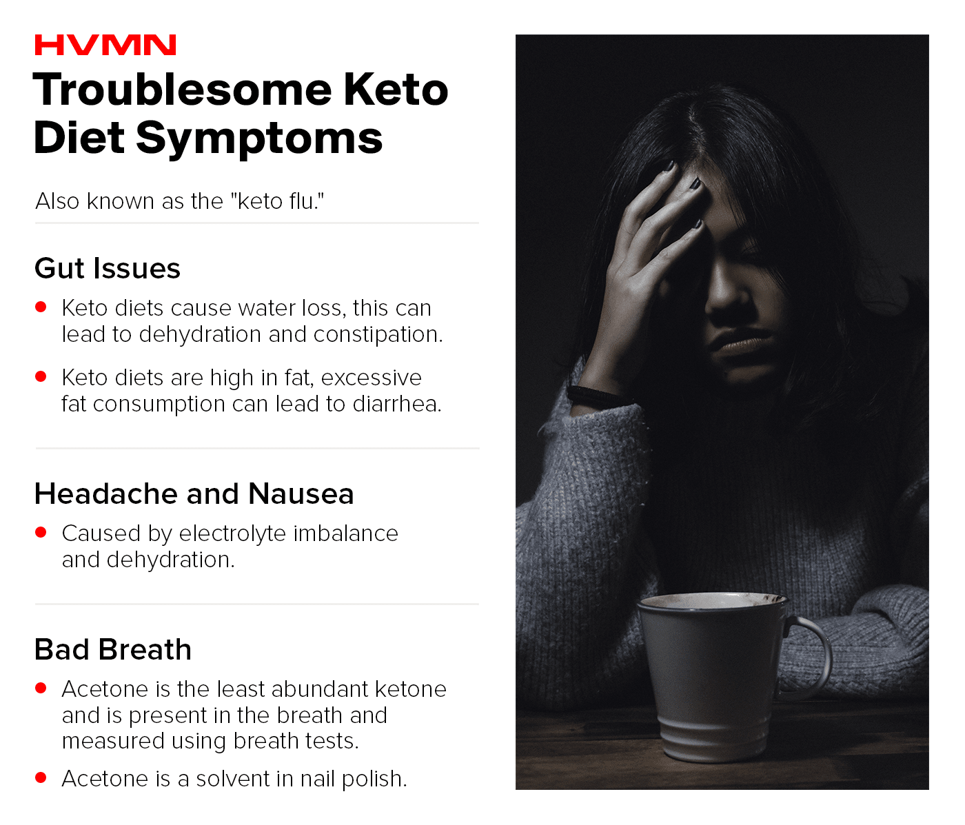 an image of a woman holding her head in discomfort from negative symptoms of the keto diet