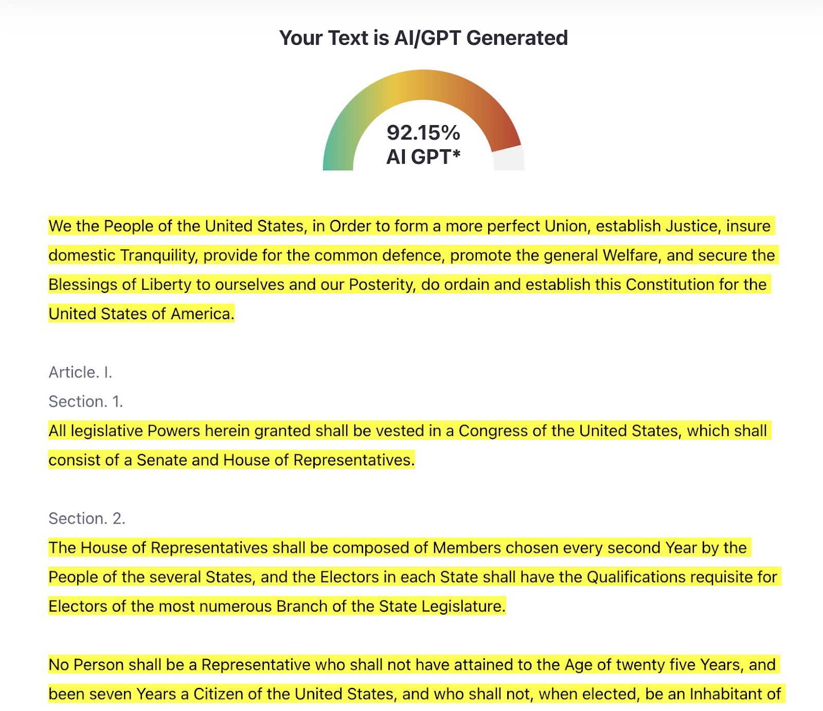 This is a screenshot of ZeroGPT results of the United States Constitution. ZeroGPT said the text was AI/GPT generated with a 92.15%. 