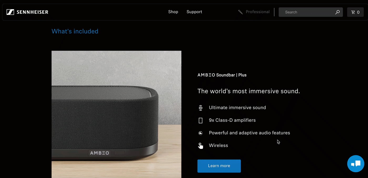 A GIF of Sennheiser's Bass Lovers product bundle on its website. It shows the soundbar and subs that come in the bundle.