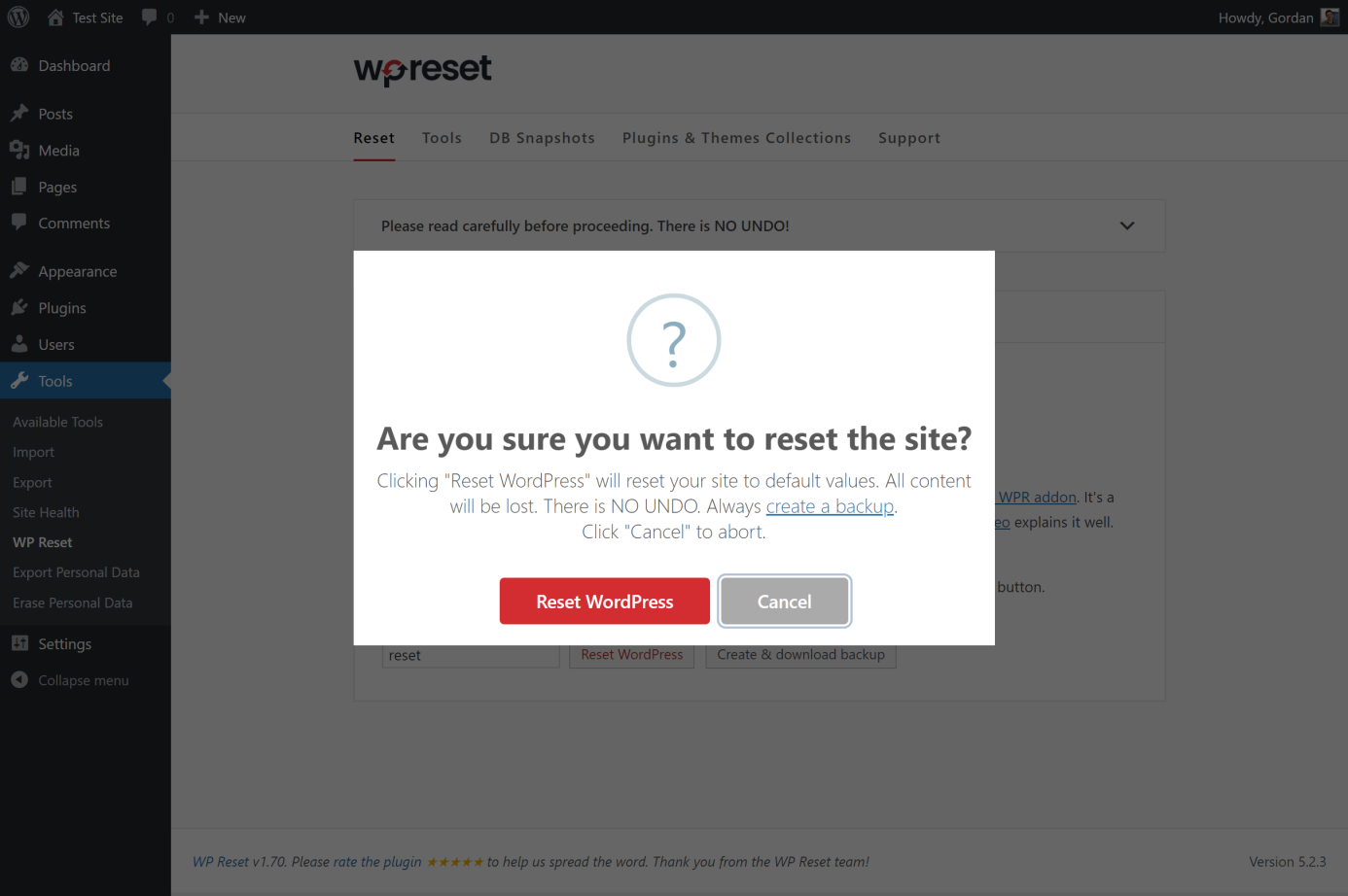 reseting website with wpreset 2