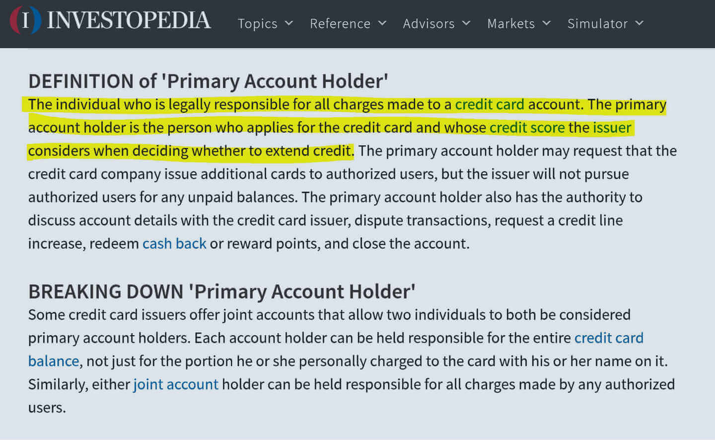 definition of primary account holder