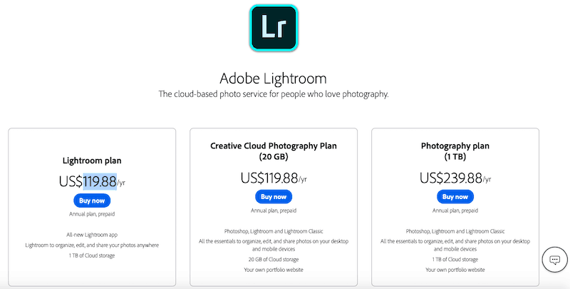 Adobe Lightroom fiyatlandırması 