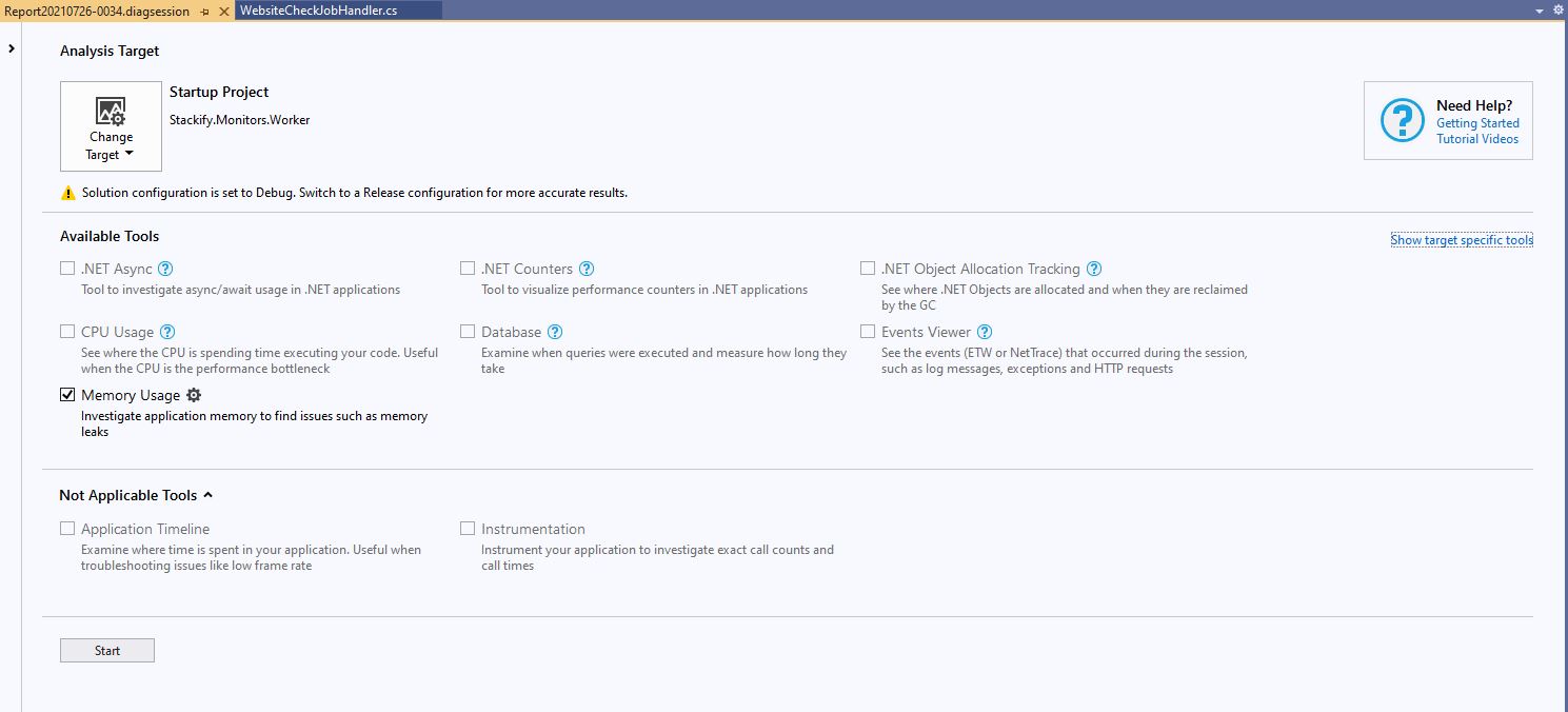 Visual studio performance profiler memory usage