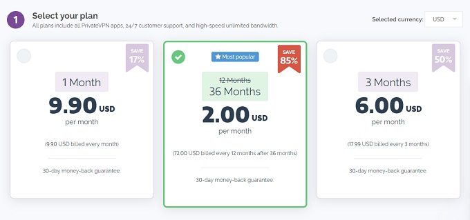 PrivateVPN Subscription choices