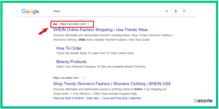 a screenshot of a search engine results page (serp) showing a shein search ad highlighted with the word "ad" beside the link. the ad appears as the first result on the page, featuring shein's website url and a brief description of the company's offerings.
