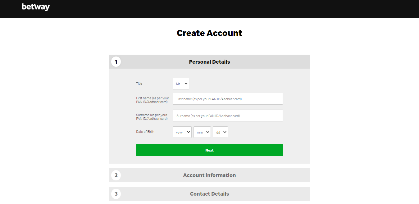 Betway sportsbook account creation form screenshot