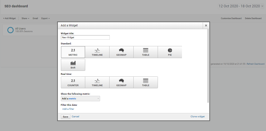 adding widgets to google analytics custom dashboards