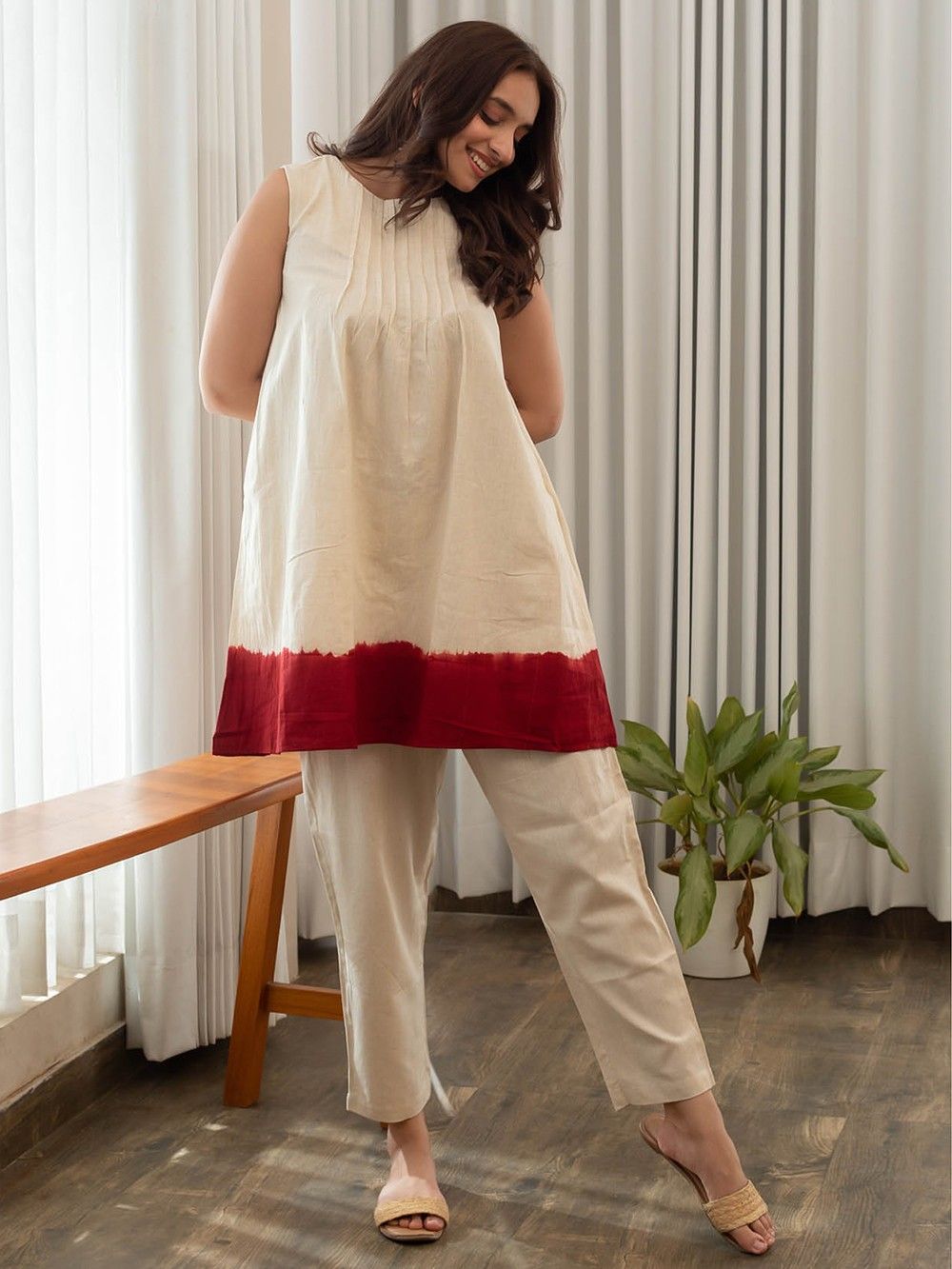 the loom - Ivory Maroon Ombre Cotton Pintuck Kurta 